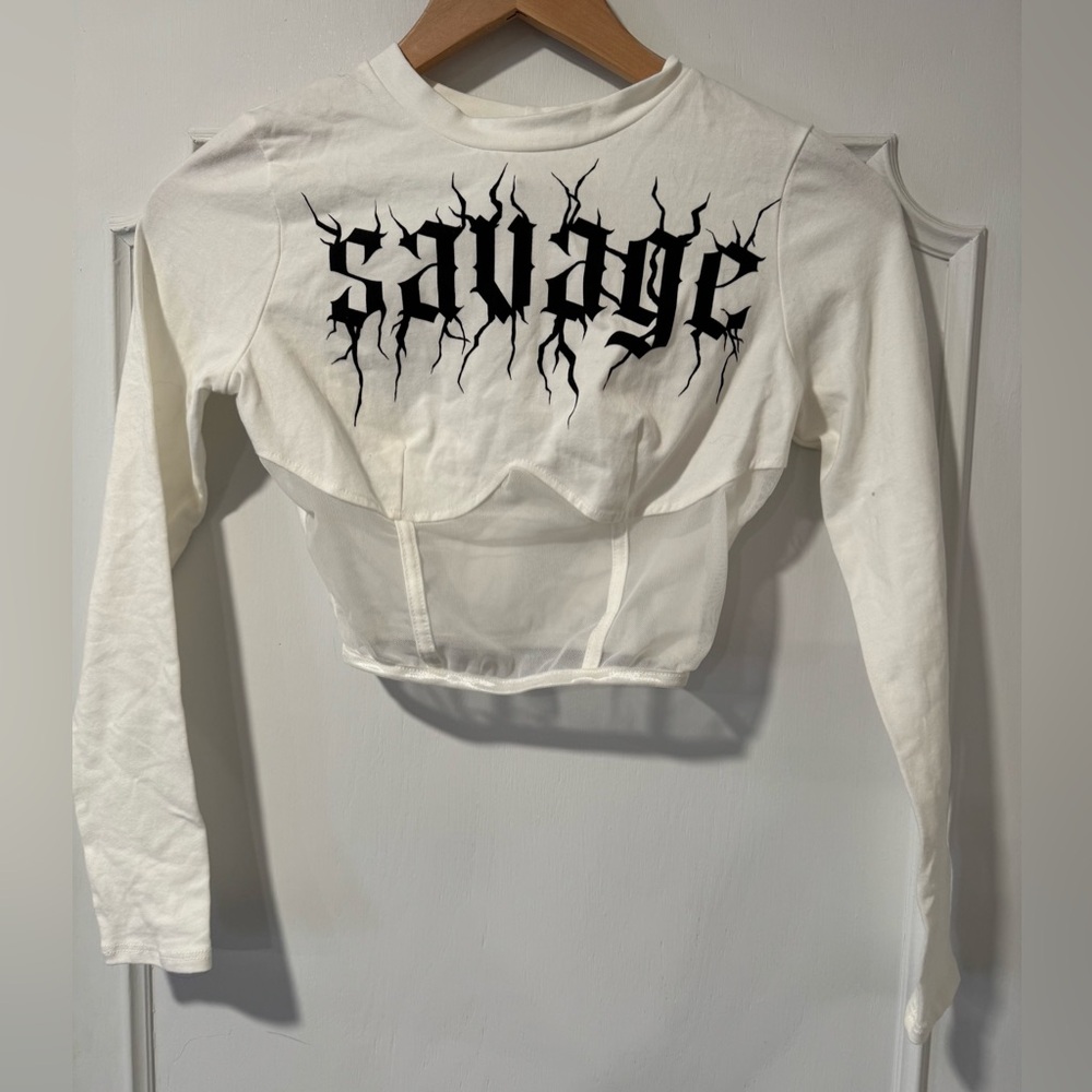 NWT January 7 Savage White Long Sleeve Crop Top with Sheer Details - Size Small